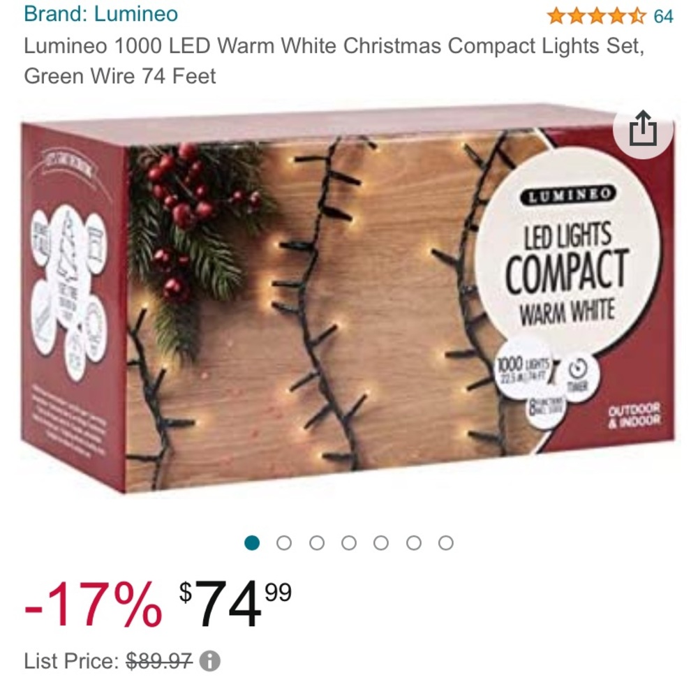 Lumineo 1000 LED Warm White Christmas Compact Lights Set, Green Wire 74 Feet